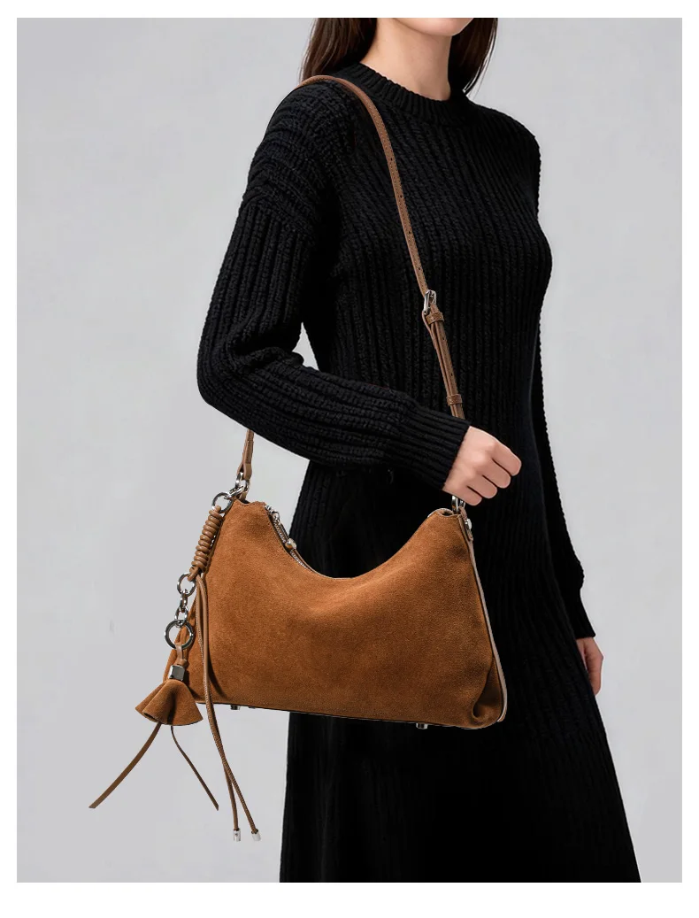 Aidanni Vintage Matte Kuhleder-Unterarmtasche für Damen, 2026 Neue Große Hobo-Tasche mit Quaste, Einzel-Schultertasche – Detail 3