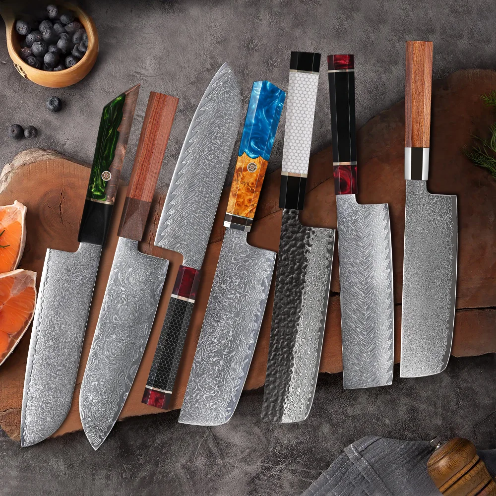 TURWHO DIY Factory Octagonal Handle Japanese Damascus Steel Chef Knife Santoku Nakiri Cleaver Blade Blank Knive Parts New Design