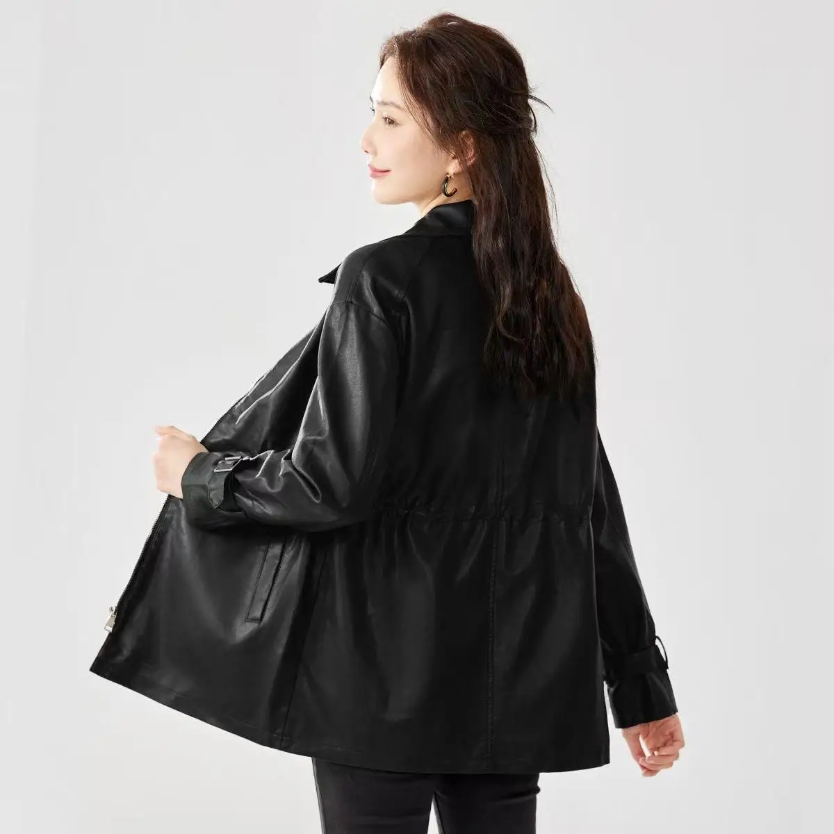 

Long Trench Coat Women's 2026 Spring Autumn New Leather Jacket Fashion Casual Outwear Waist Drawstring Leather Overcoat Ladies