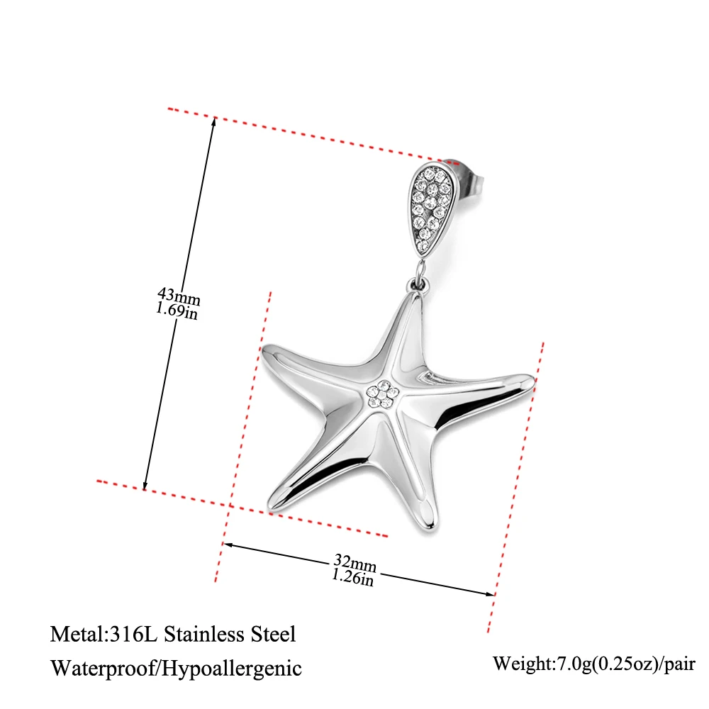 Lokaer Vacation Style Starfish Zircon Earrings Stainless Steel Beach Dangle Stud Earrings Fashion Jewelry Gift for Summer E26134