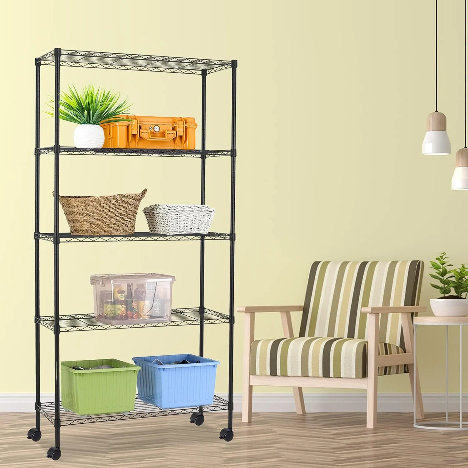 أرفف تخزين وحدة رفوف سلكية مكونة من 5 طبقات مع رف معدني بعجلات، رف تخزين معدني عالي التحمل NSF ارتفاع قابل للتعديل #2