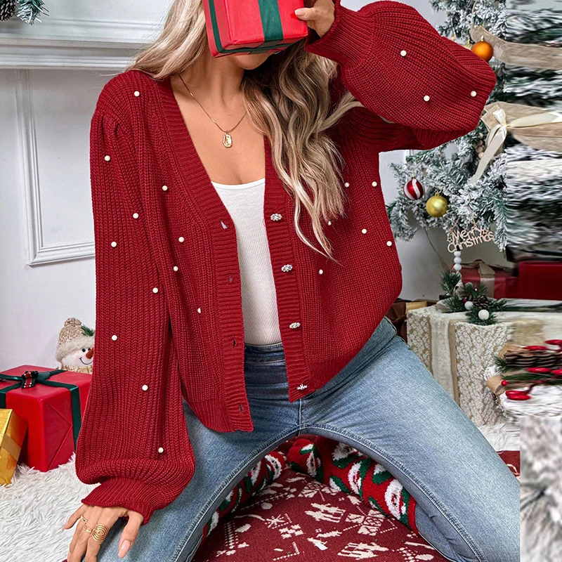 جديد أزياء المرأة محبوك سترة حمراء الخامس الرقبة زر حبة تصميم طويلة الأكمام البلوزات للنساء عيد الميلاد البلوز قمم