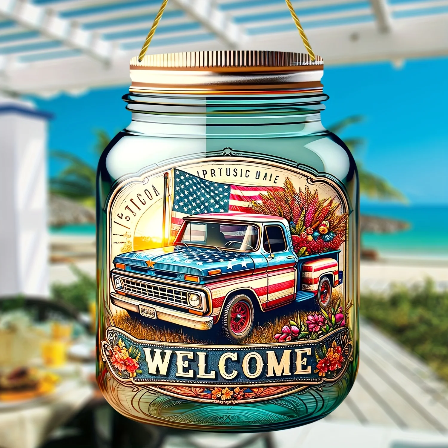 Welcome Independence Day,Pickup Flowers Stained Window Pendants,American Flag Truck,Glass Doors Windows,Home Kitchen,Outdoor