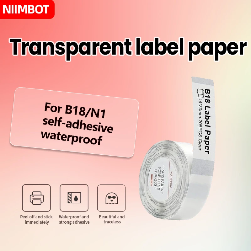 Niimbot B18/N1 Теплопередающая печать, белая/прозрачная этикетка-наклейка, самоклеящаяся водонепроницаемая, устойчивая к высоким температурам, Niimbot B18/N1 Теплопередающая печать, белая/прозрачная этикетка-наклейка, самоклеящаяся водонепроницаемая, устойчивая к высоким температурам,