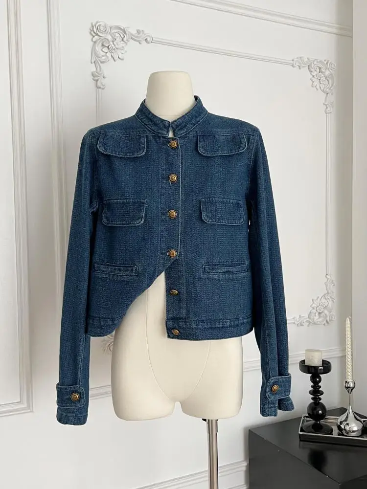 

Vintage Women 2025 Autumn Winter Korean Fashion Blue Short Denim Jacket New Single Breasted Long Sleeved Coat Streetwear Popular