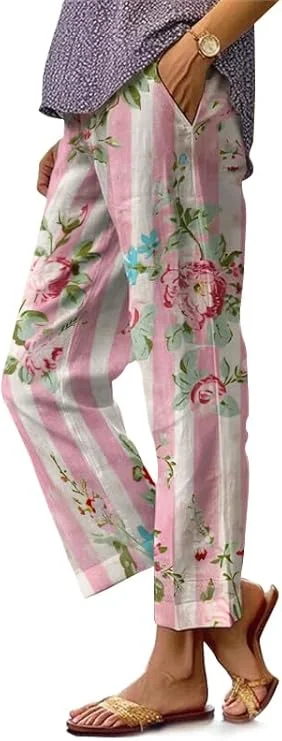 

Women's casual summer cropped pants print cropped comfortable loose breathable trousers with pocket women's slacks