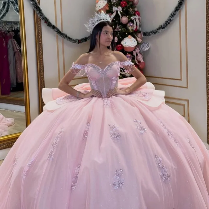 

Розовое платье Quinceanera с 3D цветочной наклейкой, кружевной многослойный 3D цветок с длинным хвостом и бантом, Vestidos De 15, Quinceanera ﻿ Настроить