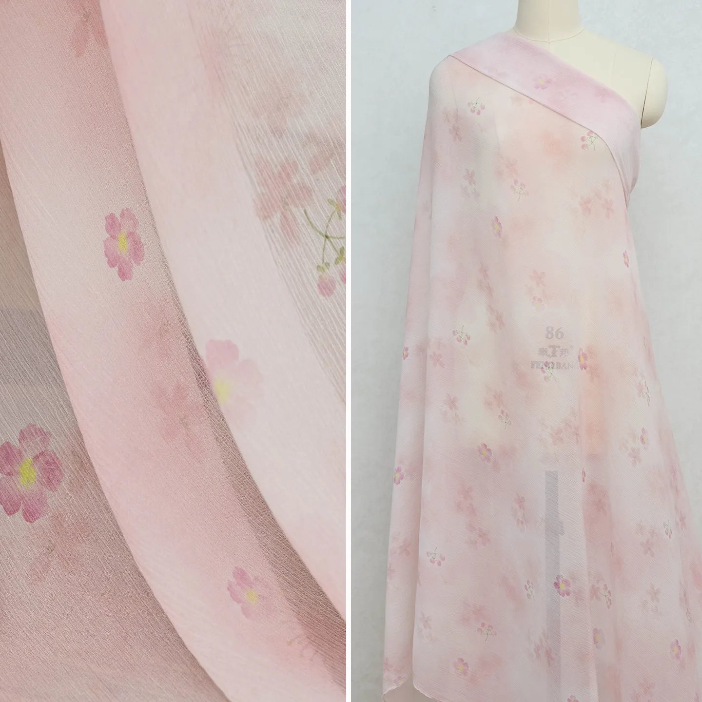 High Quality Blossom Spring Smoke 12 Momme Silk Crinkle Chiffon Silkworm Silk Fabric Hanfu Chinese Style Designer Cloth