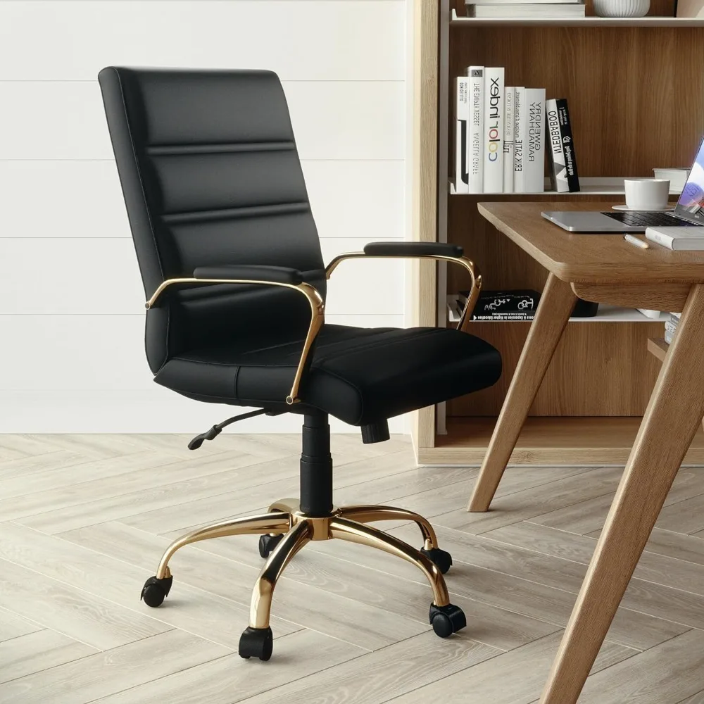 Whitney Mid-Back Desk Chair - Black LeatherSoft Executive Swivel Office Chair with Gold Frame - Swivel Arm Chair