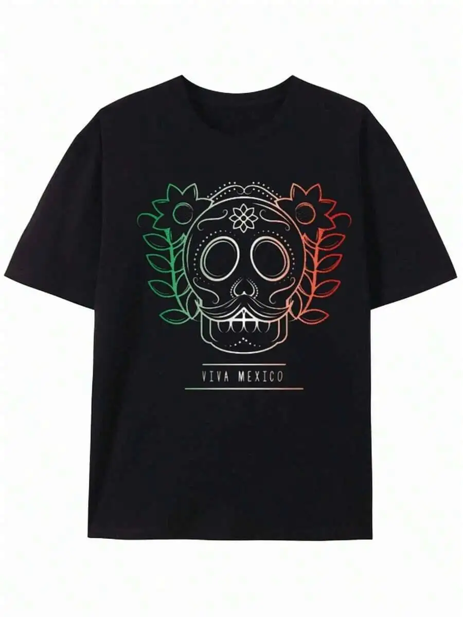 Viva Mexico Sugar Skull Graphic Tee 100% Cotton Trendy Y2K Short-Sleeve Tee-Soft, Quick-Drying, Moisture-Wicking; Ideal Sports