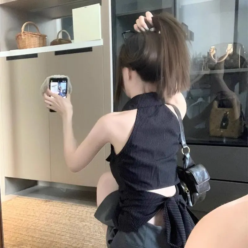 Y2k estética listra vertical sexy blusa feminina sem mangas fino ajuste grunge camisa harajuku turn down collar bandagem recortada topos