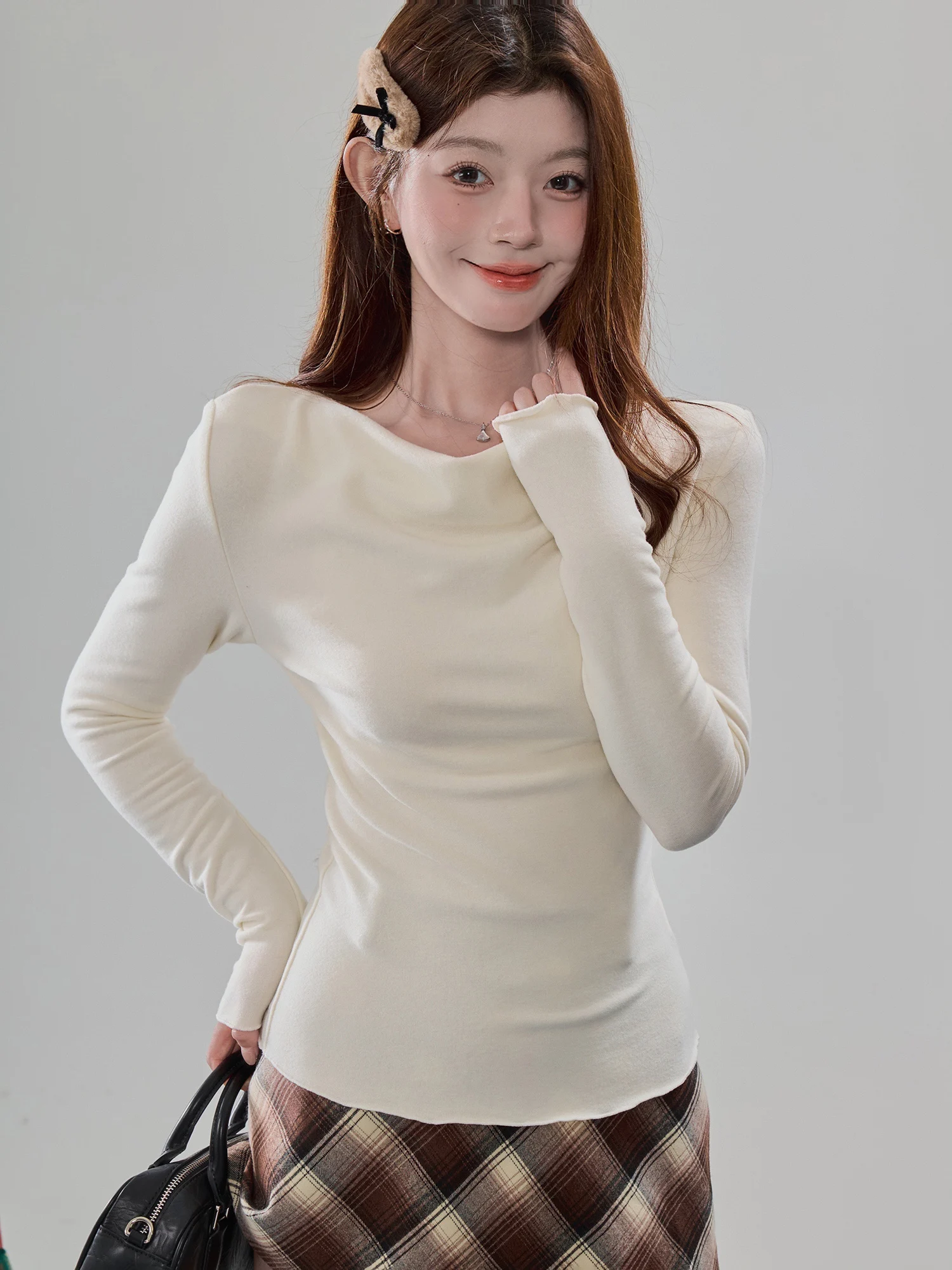 

Женская облегающая базовая футболка-лонгслив цвета абрикос с круглым вырезом, повседневная, с длинным рукавом, удобная, мягкая, для ношения под одеждой, для осени