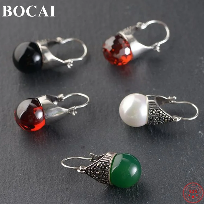 

BOCAI 100% Real S925 Sterling Silver Earrings for Women New Fashion Agate Pearl Zircon Ear-drop Argentum Jewelry Free Shipping