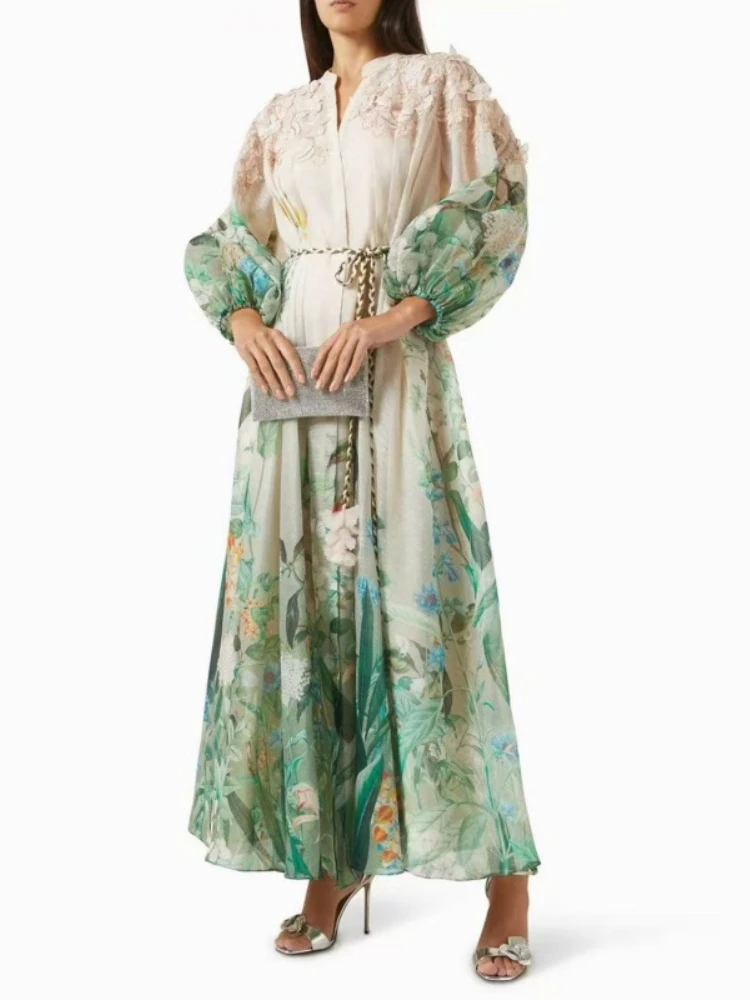 Elegant Maxi Dress for Women V Neck Lantern Sleeve High Waist Spliced Lace Up Colorblock Printed Single-breasted Dresses Female