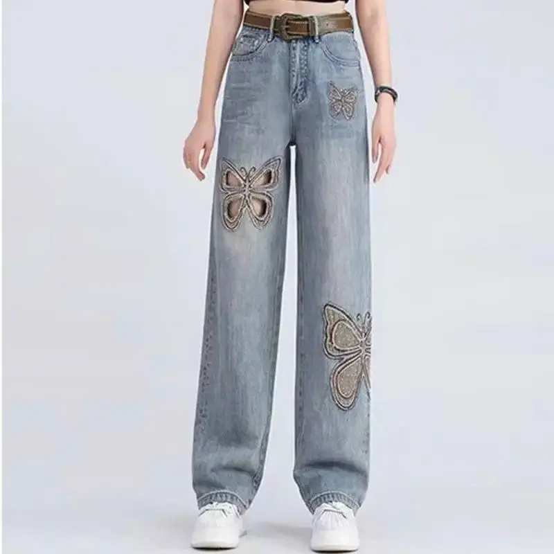 

Retro Y2K High-Waisted Wide-Leg Jeans Women's Spring Straight Leg Denim Pants Loose Streetwear Embroidery Trousers