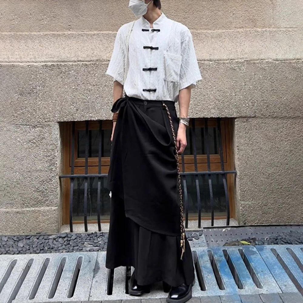 Men Japanese Double-Layer Irregular Casual Culottes 2024 New Genderless Fashion Splicing Solid Color Loose Wide-Leg Pants Unisex