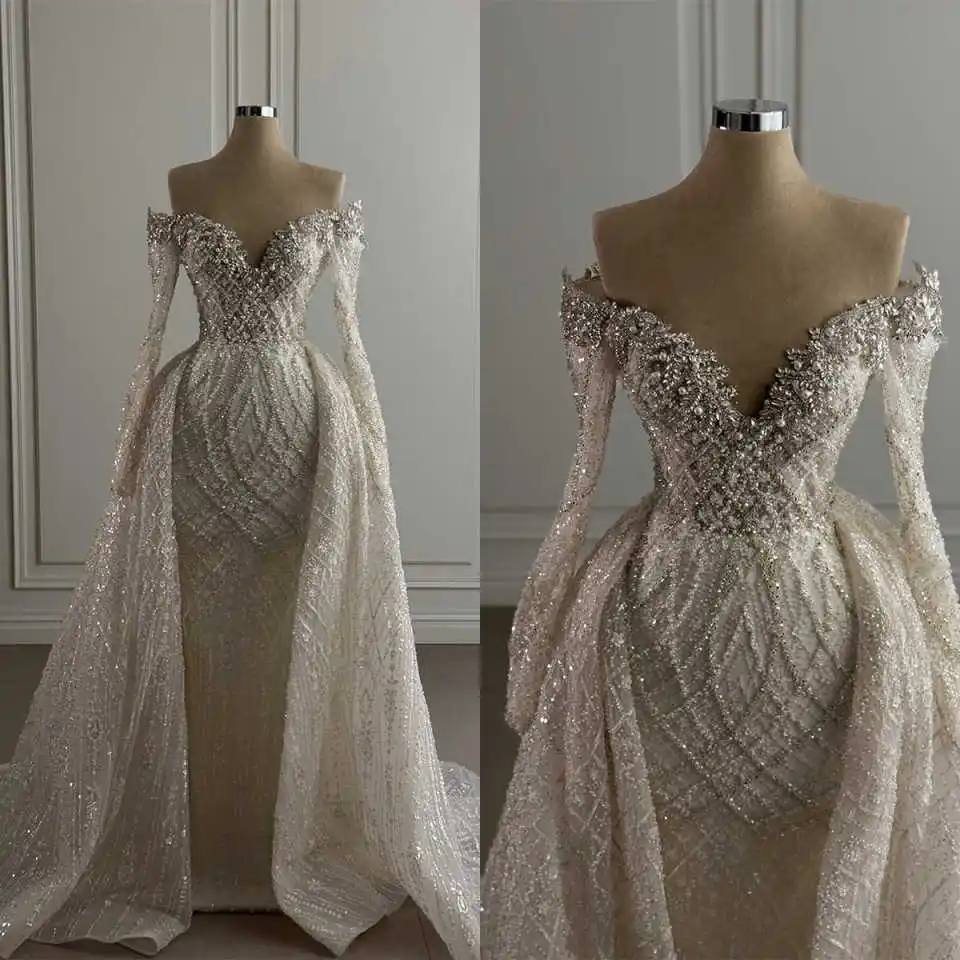 Illusion robes de mariée sirène col en v perles cristaux à manches longues longueur au sol princesse mariée robes de mariée personnalisées