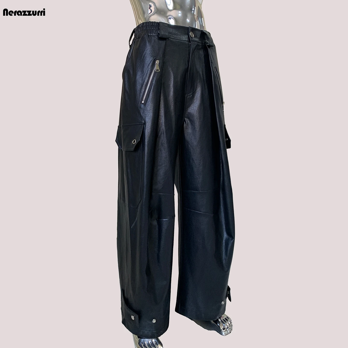 Nerazzurri Autumn Baggy Black Faux Leather Wide Leg Cargo Pants Men Elastic Waist Luxury Designer European Fashion Clothes 2025
