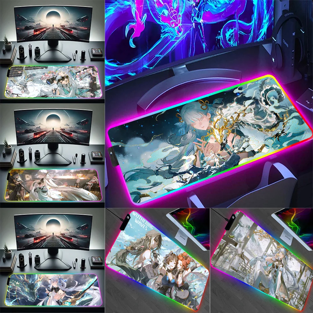 W-Wuthering Wave Jinhsi RGB Pc Gamer Keyboard Mouse Pad Mousepad LED Glowing Mouse Mats Rubber Gaming Computer Mausepad