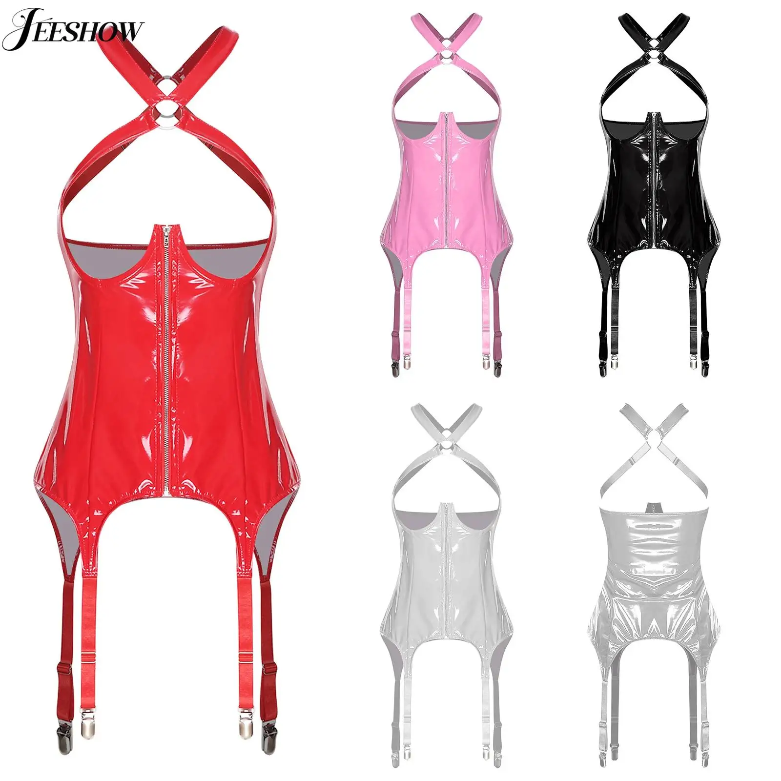 

Женский корсет из искусственной кожи с вырезами, клубные топы, перекрещивающиеся ремни, молния спереди, бюстье пуш-ап с зажимами для подвязок, клубная одежда