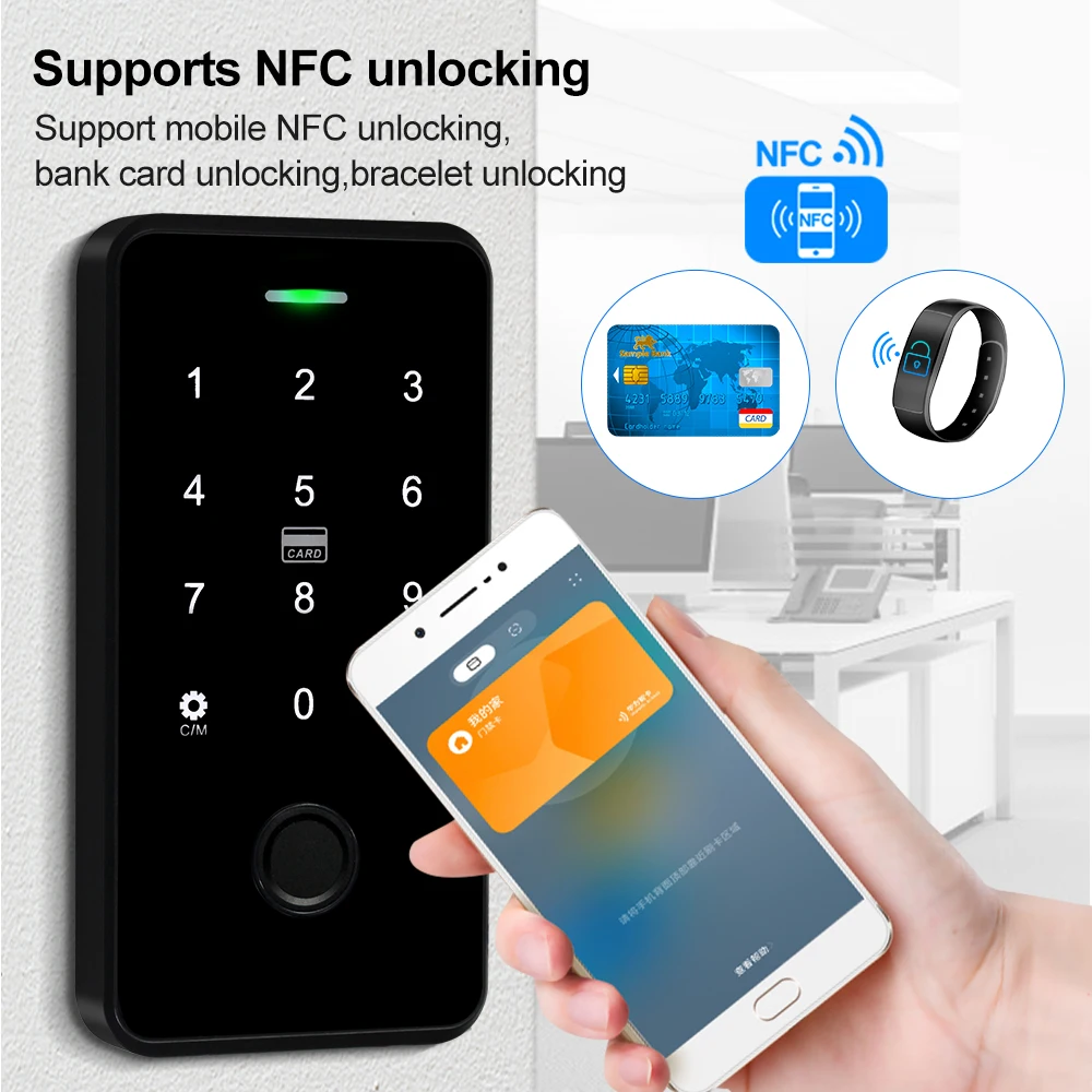 NFC Bluetooth Tuya APP Fingerprint Access Control System Waterproof RFID Keypad 13.56MHz with Magnetic Door Lock Switch Full Set