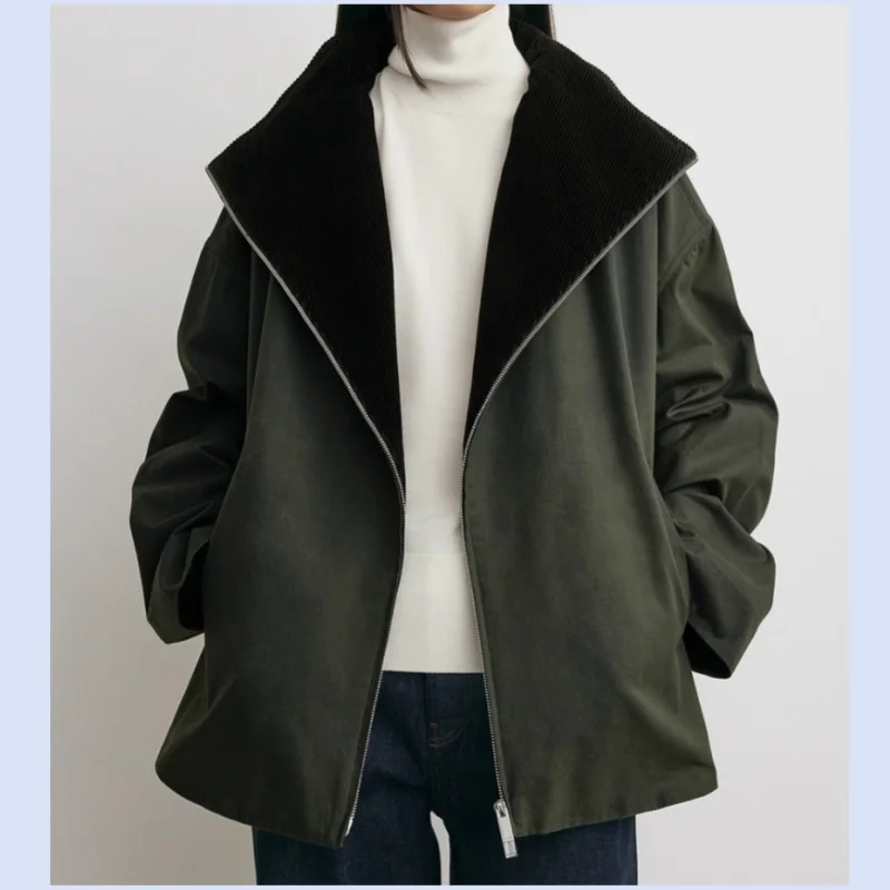 

Нейтральная воронка, модный вельветовый воротник, лоскутный силуэт с лацканами и длинными рукавами, крутая куртка на молнии, куртка