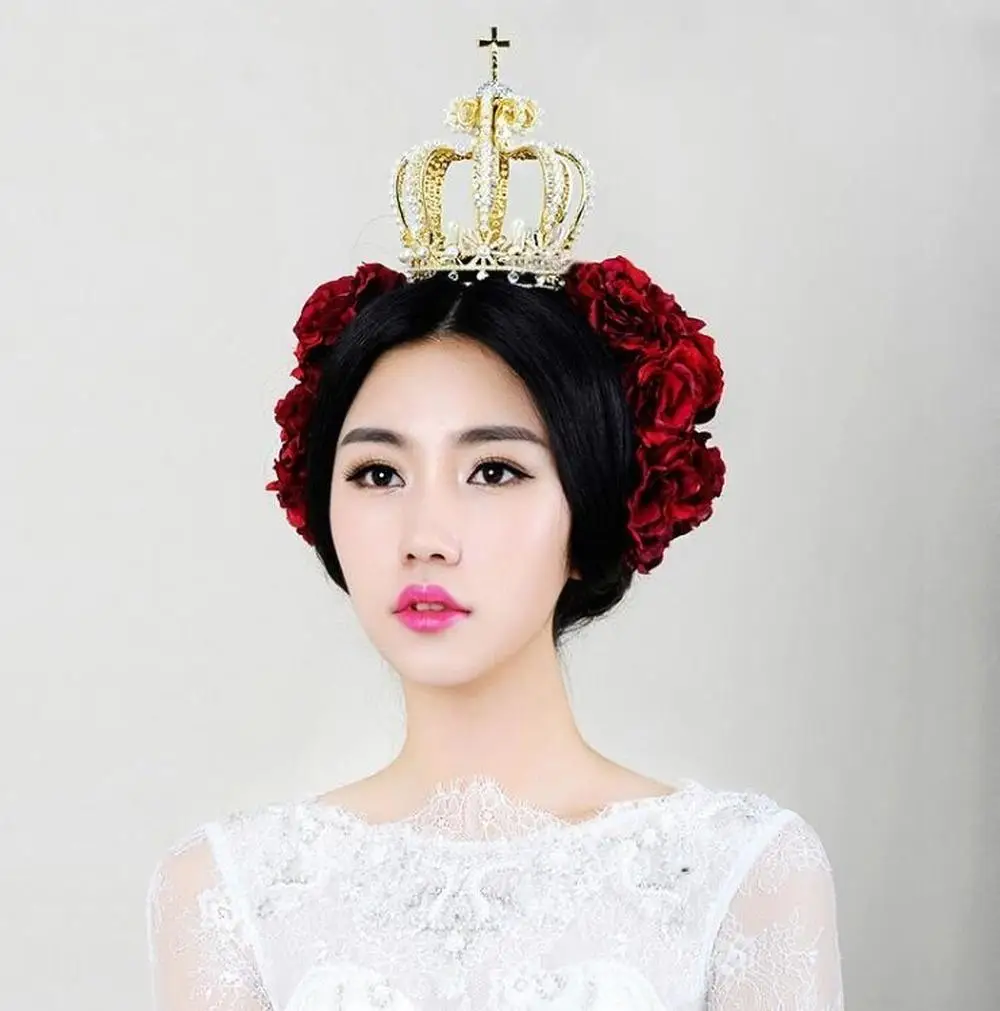 Bridal Hair Accessories Cross Baroque Styles Vantage Crystal Pearl Wedding Crown Alloy Bridal Tiara Baroque Queen Crowns