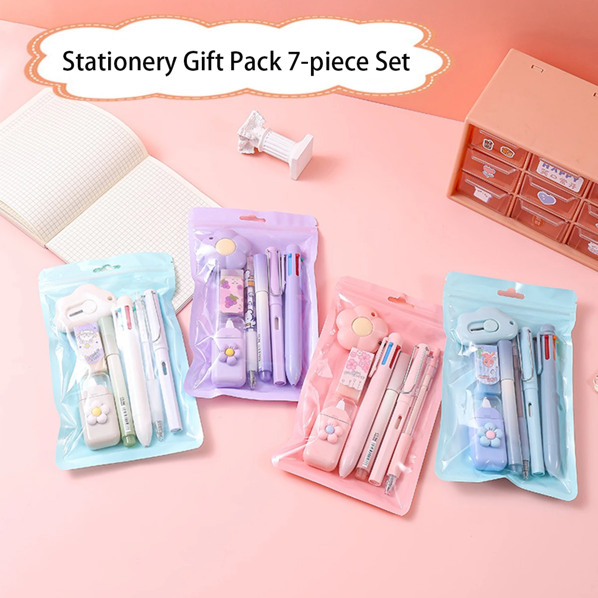 7-piece pastel stationery gift set, including gel pen, correction tape, student art knife, rubber neutral pen