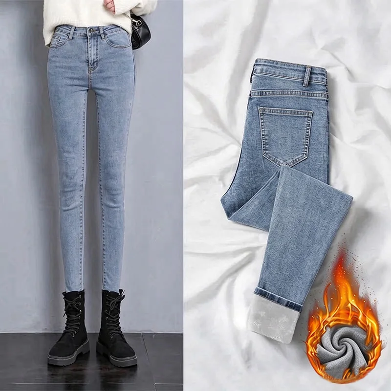 Winter Female High Waist Thermal Plush Solid Jeans Lady Thin Snow Warm Fleece Denim Trousers Girls Classic Straight Leg Pants