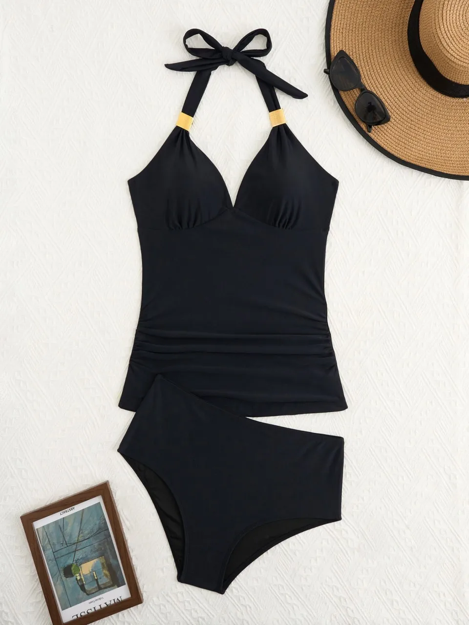2026 Halter Tankini Set 2 Pieces Solid Backless Swimwear Women High Waist Swimsuit Female Bathing Swimming Suit Padded Beachwear