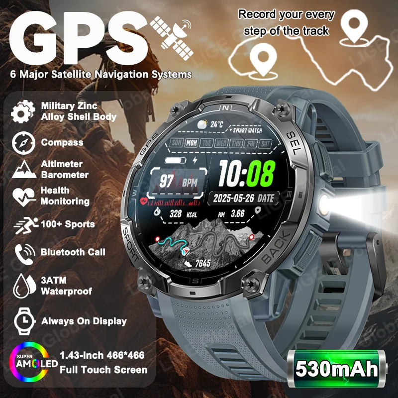 

LIGE NEW GPS Smartwatch 1.43" AMOLED Compass Barometric Altimeter Flashlight Voice Calling 3ATM Water-Resistant Swim Sport Watch