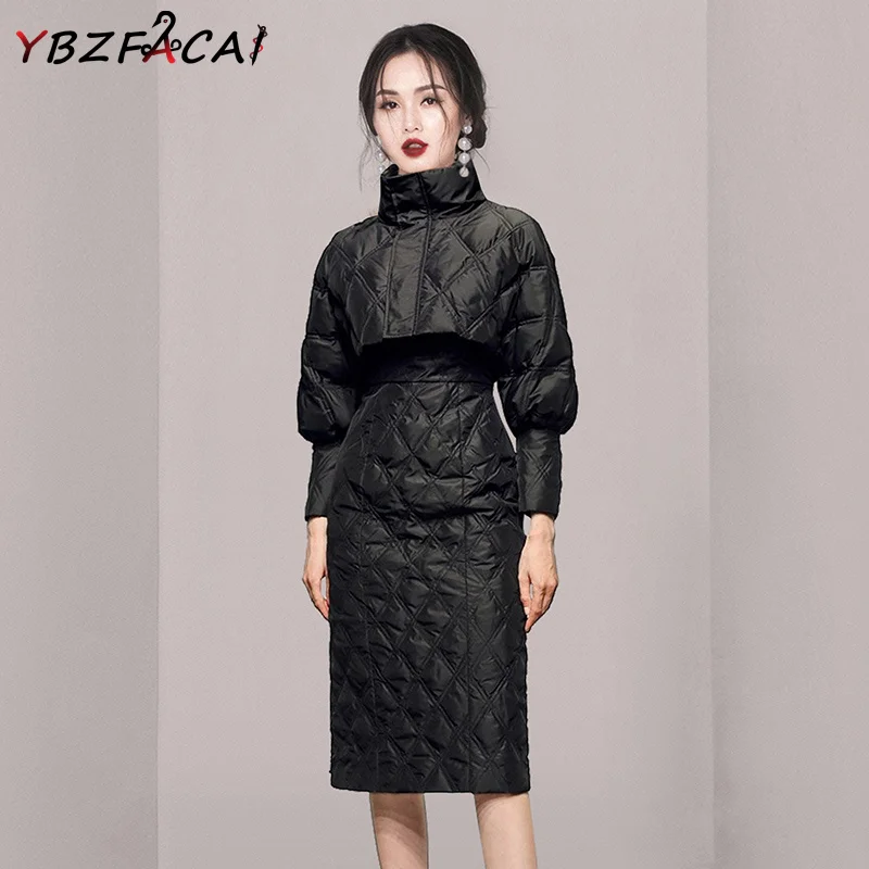 

European Fashion Women's Suit Black Cotton Clothes Winter 2022 Turtleneck Cropped Top Sleeveless Vest Dress Set Down Coat Luxury