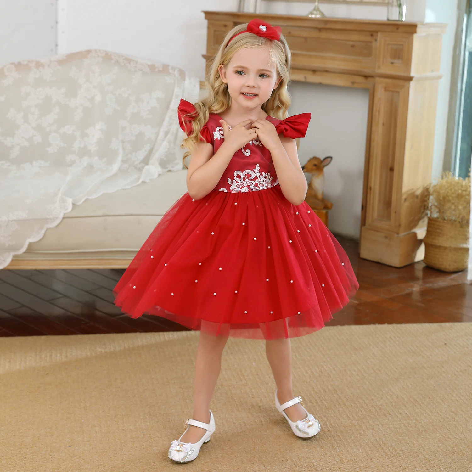 0-5Y Kids Girls Red Christmas Dress Baby Birthday Clothing Children Lace Ruffle Bow A-line Dress Toddler Party Princess Dresses