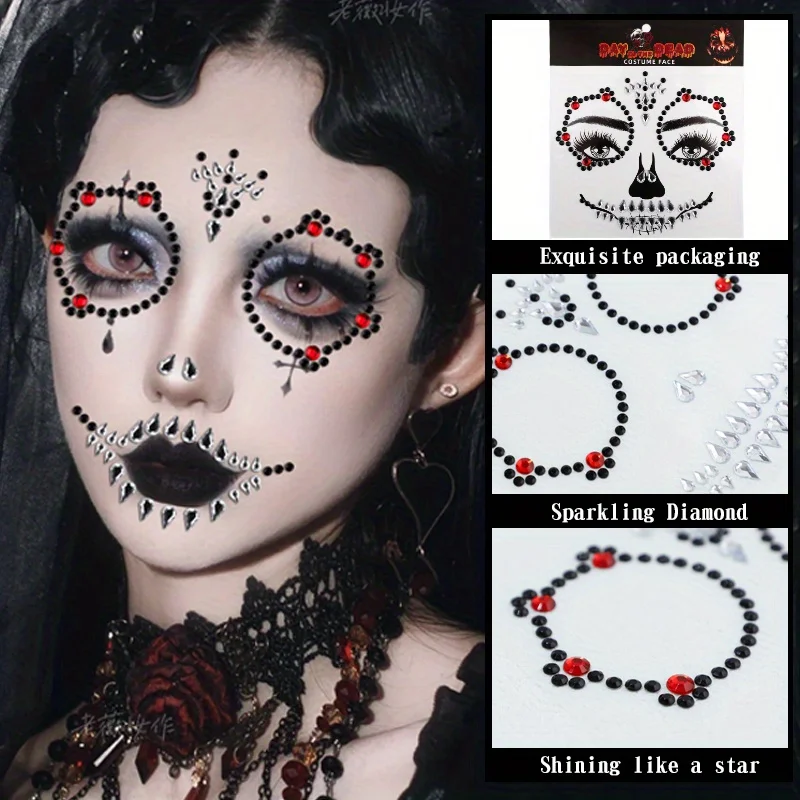 

1 шт., готический панк-череп с черными, белыми, красными синтетическими драгоценными камнями, круглая корона, дизайн, День мертвых, музыкальный фестиваль Хэллоуина