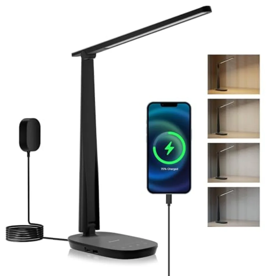 HWT-H2 LED Desk Lamp for Home Office, CRI94 Full Spectrum Eye-Caring Light, Dimmable Table Lamp with USB-A and USB-C Charging P