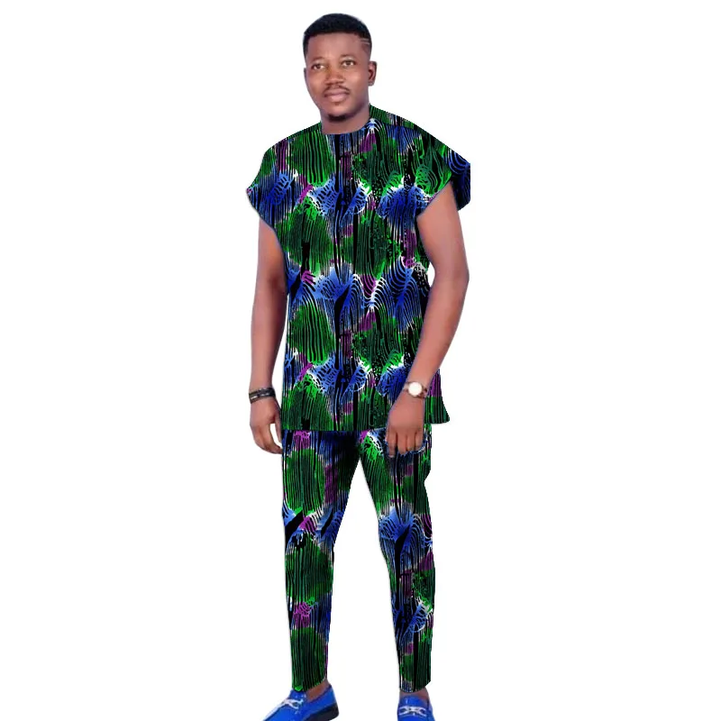 African Couture Men's Set Tops+Elastic Waist Trousers Nigerian Fashion Print Short Sleeves Groom Suit For Wedding/Party