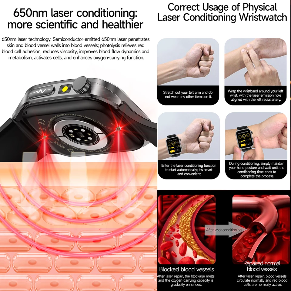 2025New 650nm تكييف الليزر الياقوت الزجاج ساعة ذكية الرجال ECG معدل ضربات القلب مايكرو الامتحان البدني الصحة Smartwatch درجة الحرارة