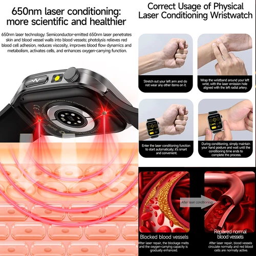 Imagen 2 del producto 2025New 650nm acondicionamiento láser cristal de zafiro reloj inteligente hombres ECG ritmo cardíaco Micro examen físico salud Smartwatch temperatura