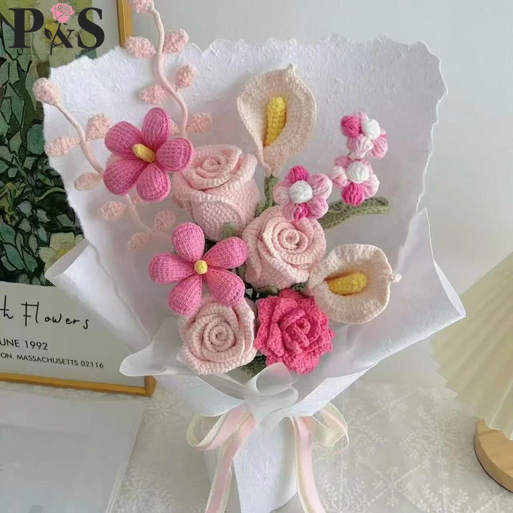 

Розовый вязаный крючком букет цветов Роза Магнолия Grandiflora Linn Calla вязаные искусственные цветы украшения дома подарки на день рождения