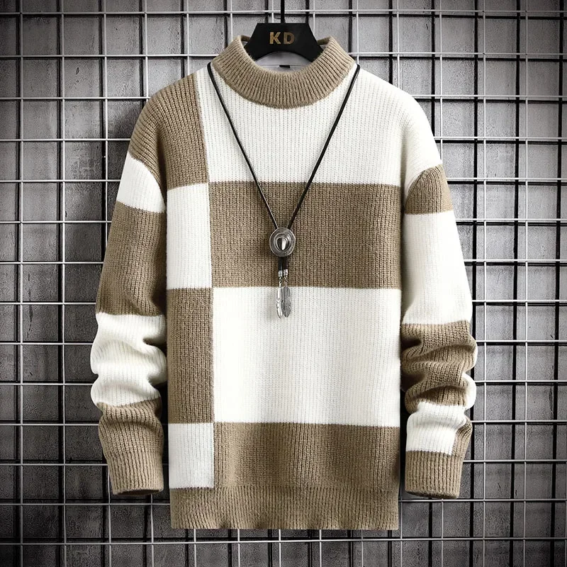 

2024-2025 Sweaters Men Autumn Winter Warm Casual Knitted Pullovers Mans Women Patchwork Color Plaid Round Neck Sweater Male