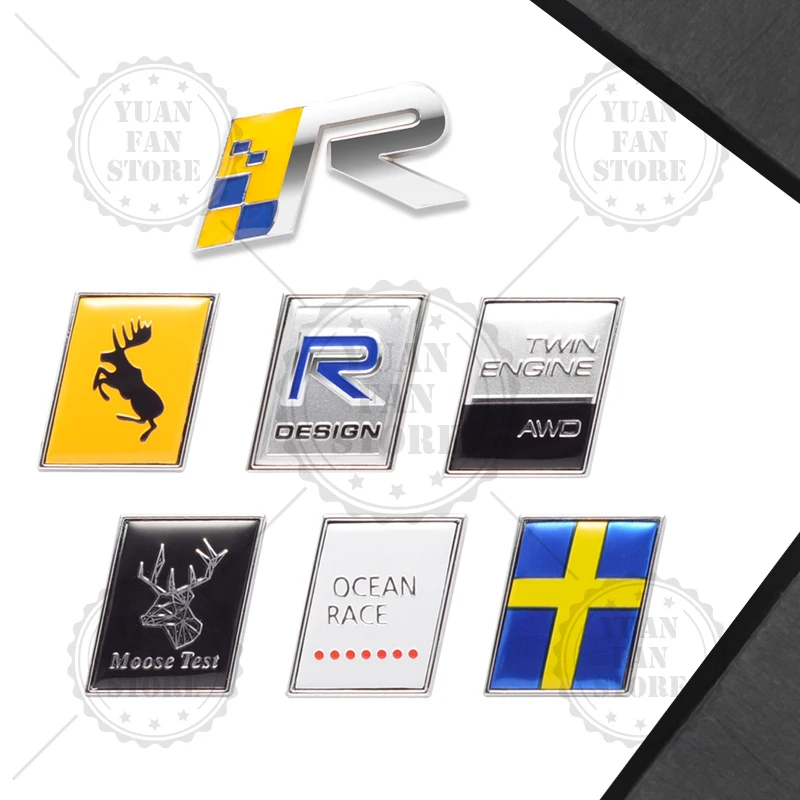 Moose Test R Design Sweden Flag Emblem Car Styling 3D Sticker Metal Logo Badge For Volvo V40 V50 V90 V70 XC40 XC60 XC90 V60 S40