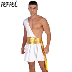 Mens Ancient Greek God Toga Gladiator Skirt Cosplay Outfit Ruffle Dress Metallic Ruched Belted Dresses Knight Warrior Costume