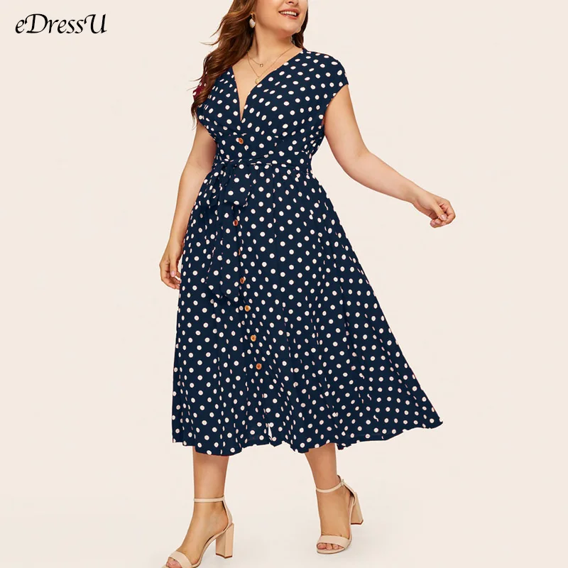 eDressU 2022 Spring Summer Women Plus Size Vintage Polka Dot Dress Mid-Calf V Neck Buttons Belt Casual Daily Wear KYM-801