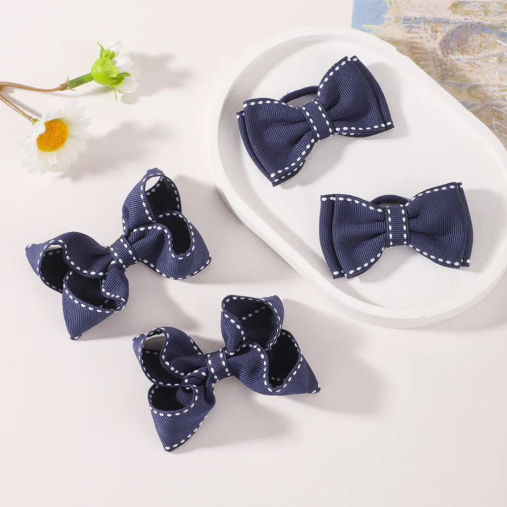 JOLLYPASS 1/2pcs Navy Blue Bow Hairclip Hair Rope Combination Set High Quality Ribbon Hair Accessories Girls' School Headwear - view 6