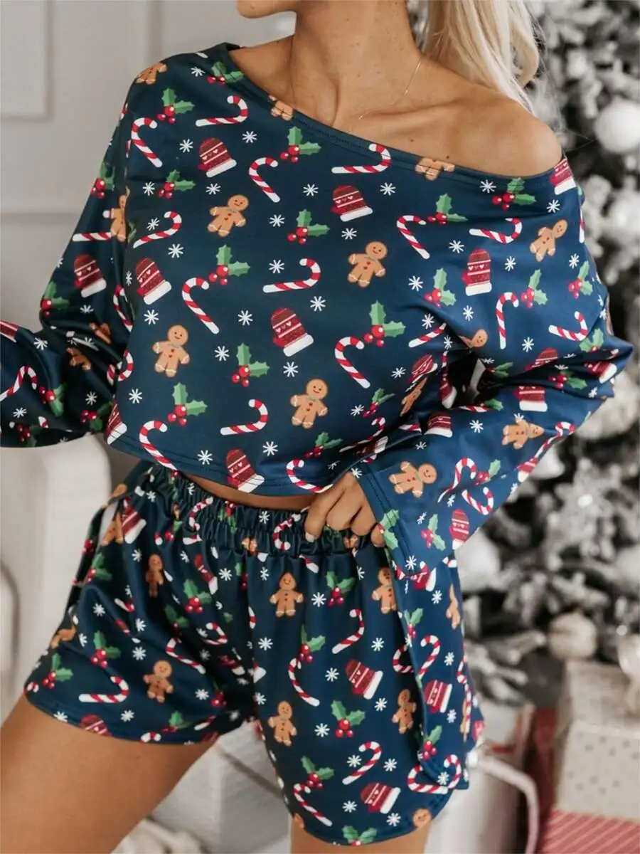 

Women Christmas 2 Piece Pajama Set Candy Cane Gingerbread Print Long Sleeve Off Shoulder Top With Elastic Waist Shorts