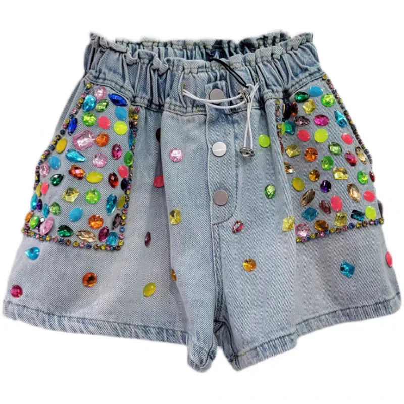 ANJY 2026 Summer New Women European Style Heavy Colorful Embroidered Flares Slim Wide-Leg Denim Shorts Trend Casual Jeans A21015 view 6