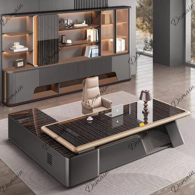 E Modern Luxury Computer Desk With Side Cabinet Schreibtisch Furniture Multi Functional High End Office Table Boss CEO Leader