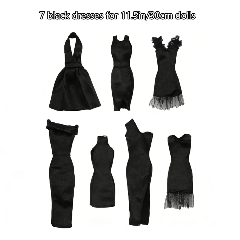 Ręcznie robione 7-częściowe czarne sukienki dla lalek o wysokości 11,5 cala/30 cm, elegancki zestaw akcesoriów dla lalek z długą sukienką, zabawki do zabawy w dom, gra w przebieranki DIY.