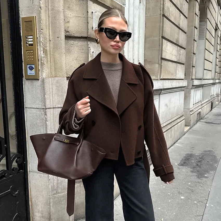 Women's Brown Wool Blend Cropped Coat Double Breasted Wide Lapel Short Jacket Belted Cuffs Elegant French Style Winter Outerwear
