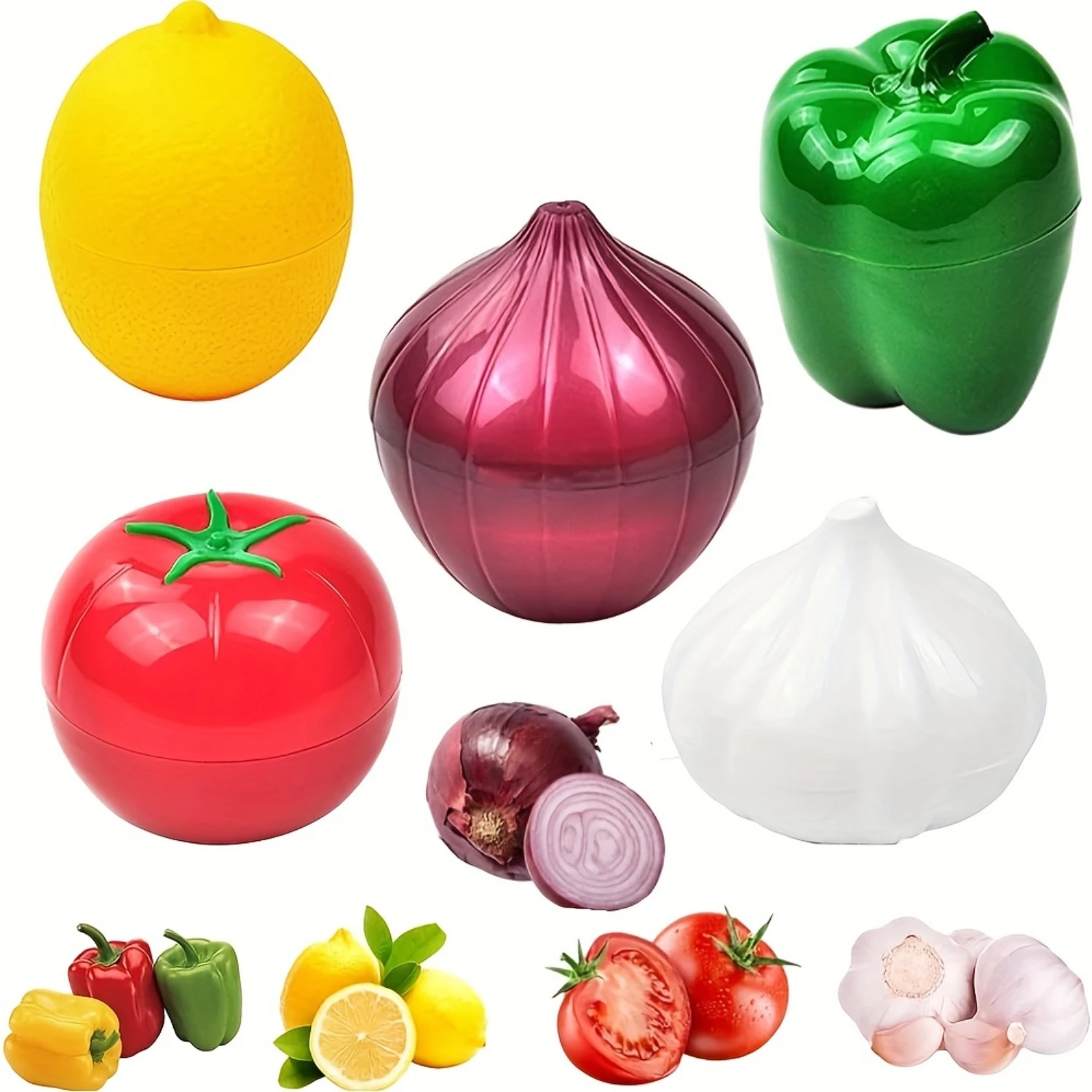 Kitchen Food Containers Set - Seal-Tight Lids for Freshness - Avocado, Lemon, Tomato, Onion Shape Keepers - Ideal for Fridge Org